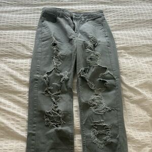 Women’s mom jeans, American Eagle, destroyed style, teal/grey, worn once, Size 4